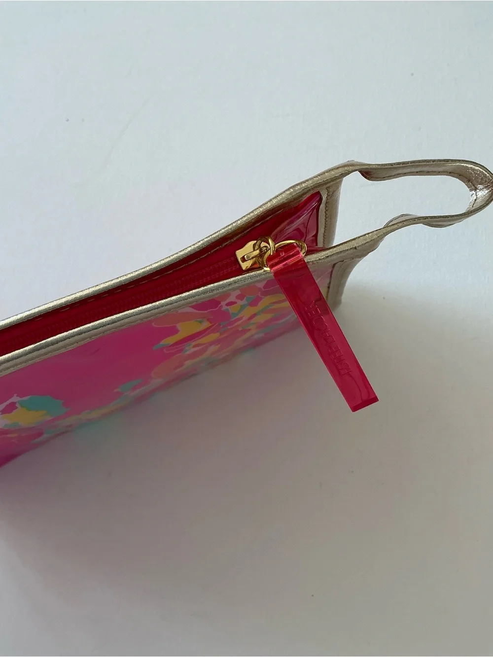 Lilly Pulitzer Hot Pink Floral Vinyl Pouch with Gold Trim